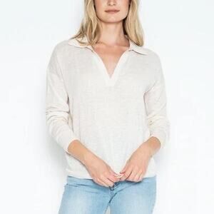 One Grey Day White Polo Pullover Sweater Collared Linen Cotton Knit Shirt Small